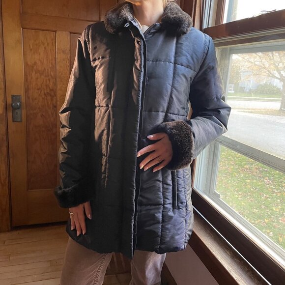 Y2K Jaclyn Smith Faux Fur Trim Quilted Coat | Women’s L | Mob Wife Old Money - Picture 1 of 8